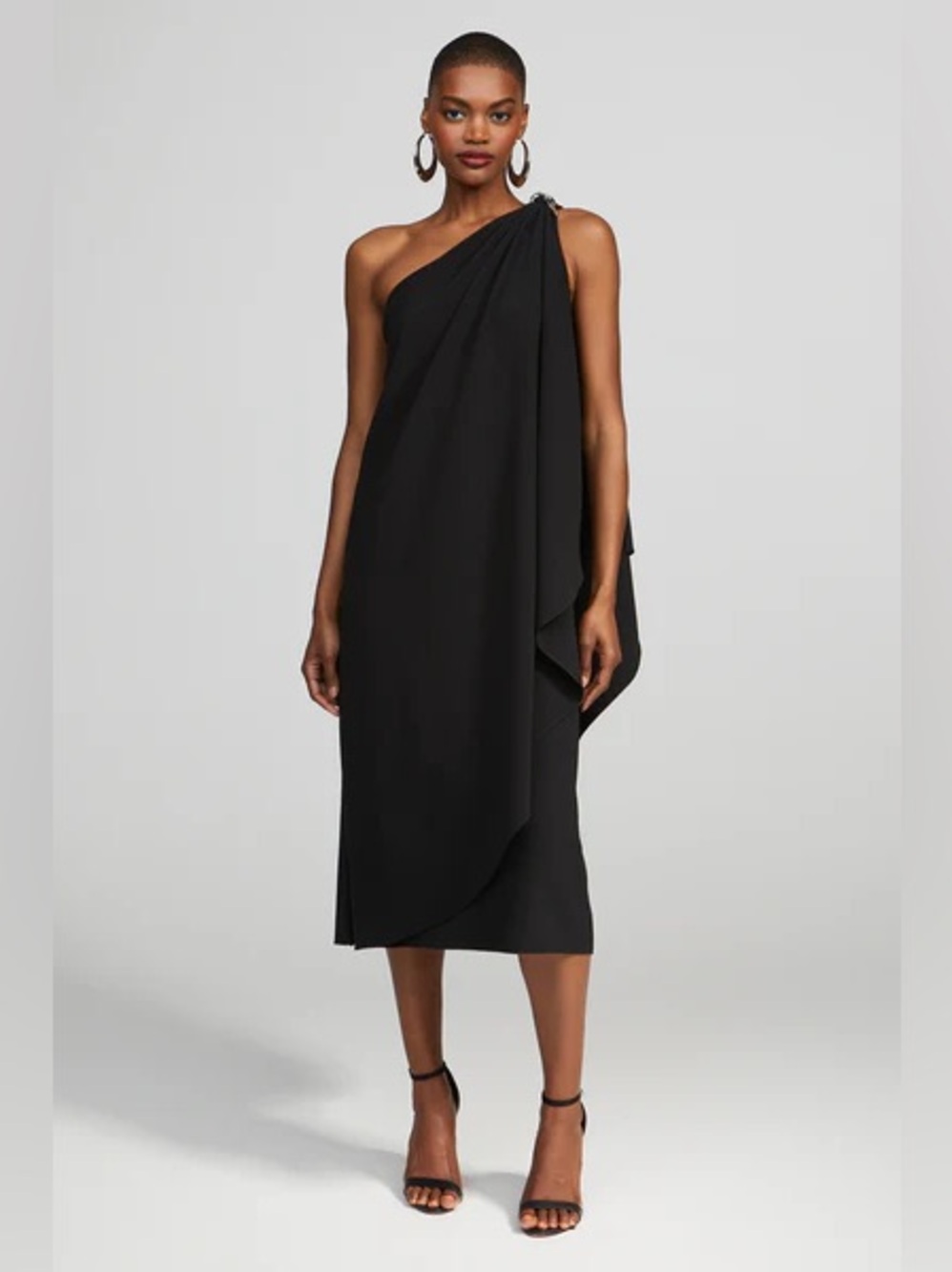 Halston Aries Black Crepe One-Shoulder Draped Midi